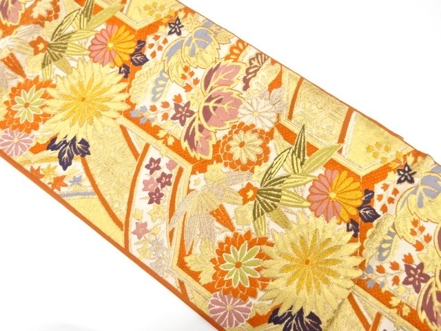 JAPANESE KIMONO / ANTIQUE FUKURO OBI / SILK / WOVEN KIKU & PAULOWNIA